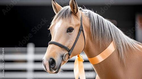 Stunning Palomino Horse Portrait with Ribbon, Perfect for Equestrian Branding photo