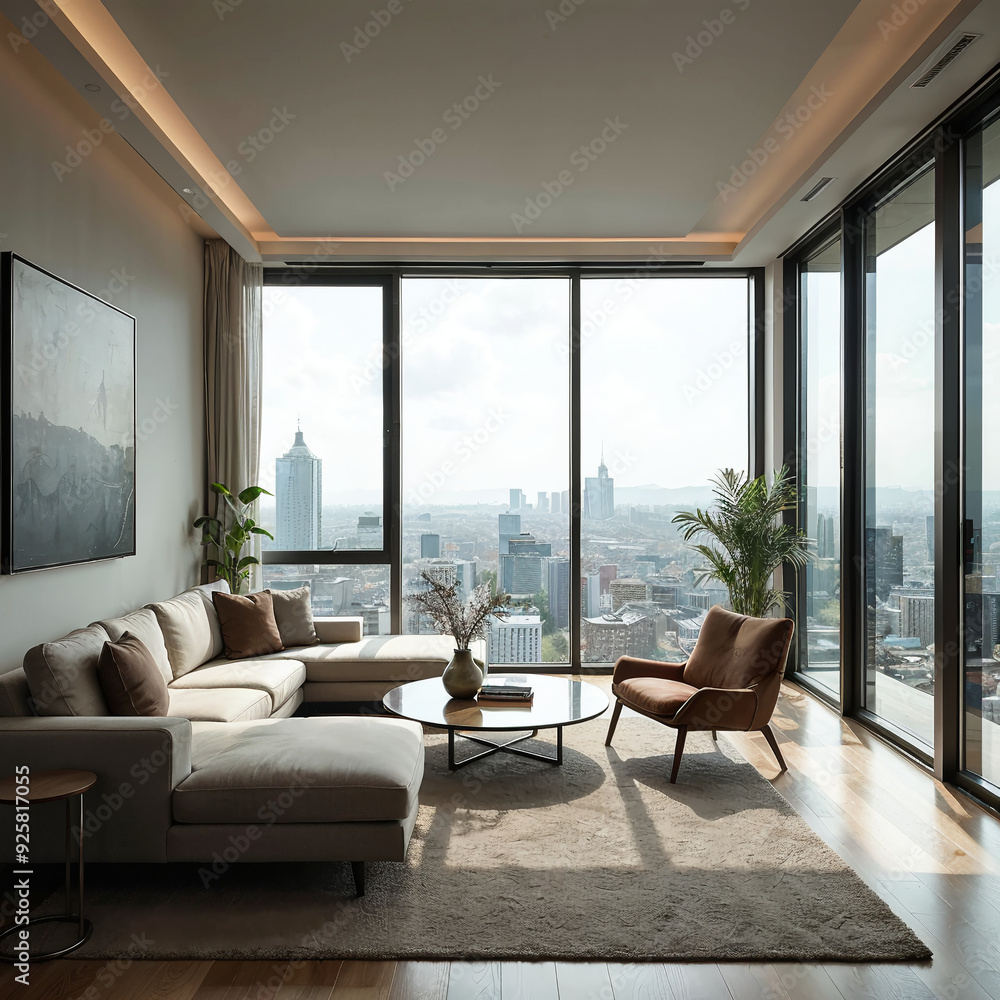 Fototapeta premium Modern Luxury Living Room With Panoramic City View