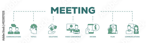 Meeting icon infographic illustration concept with icon of communications, topics, solutions, plan, inform and video conference  icon live stroke and easy to edit 
