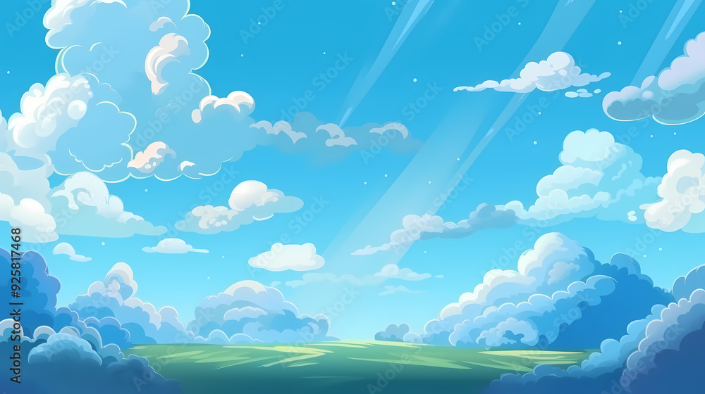 Blue sky with clouds. Anime style background with shining sun and white fluffy clouds. Sunny day sky scene cartoon vector illustration. Blue sky with clouds. Anime style background with shining sun and white fluffy clouds. Sunny day sky scene cartoon vector illustration.
