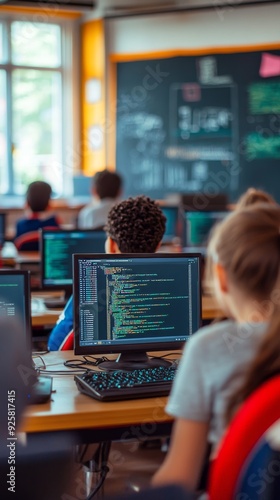 Students immersed in programming lessons, high school emphasizing computer science education, learn coding, future software developers gaining digital literacy in modern classrooms