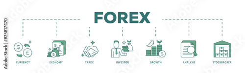 Forex icon infographic illustration concept with icon of currency, economy, trade, investor, growth, analysis and stockbroker icon live stroke and easy to edit 