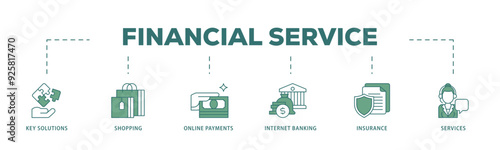 Financial service icon infographic illustration concept with icon of key solutions, shopping, online payments, internet banking, insurance and services icon live stroke and easy to edit 