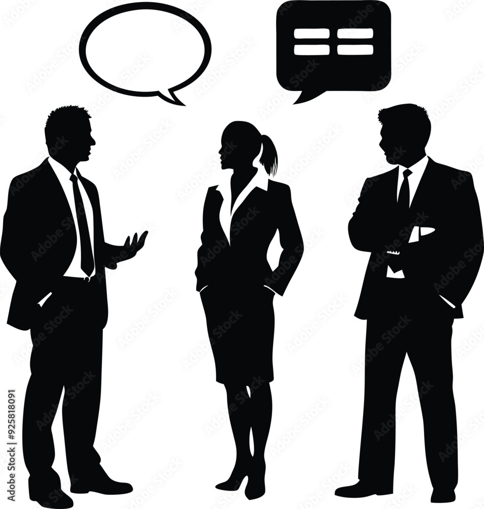 businessmen and businesswoman talking with dialog box illustration businessmen and businesswoman talking with dialog box illustration