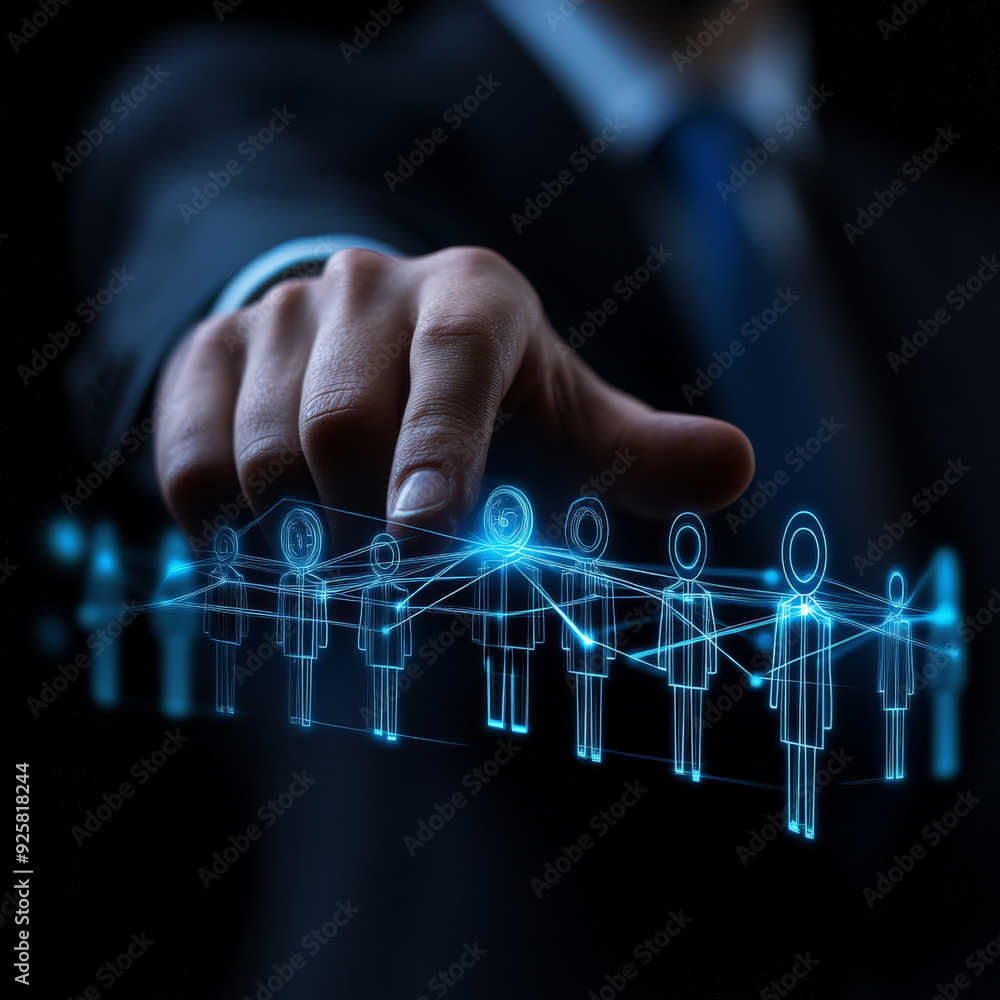 Businessman connecting digital people icons in a network, representing social media, teamwork, and networking concepts. Businessman connecting digital people icons in a network, representing social media, teamwork, and networking concepts.