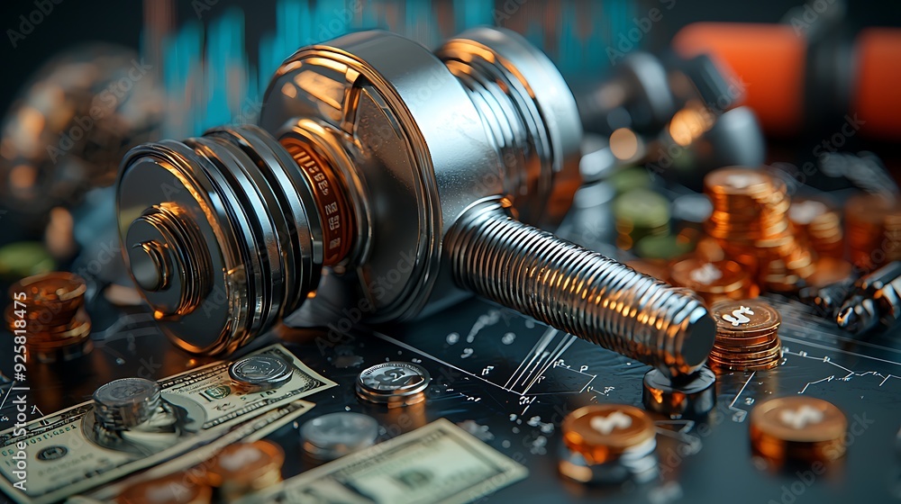 A 3D illustration of economic strength, depicting weights with money, symbolizing stability and resilience in financial markets, with clear copy space. A 3D illustration of economic strength, depicting weights with money, symbolizing stability and resilience in financial markets, with clear copy space.