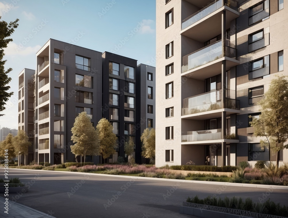 Modern apartment buildings with balconies and landscaping Modern apartment buildings with balconies and landscaping