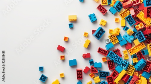 Colorful plastic building blocks scattered on a white background