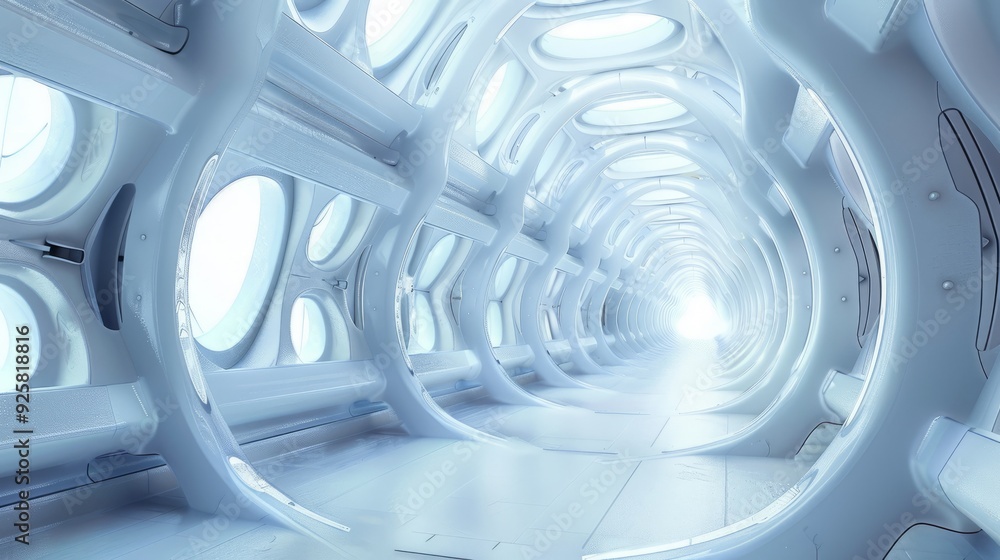 A futuristic hallway with a bright light at the end. A futuristic hallway with a bright light at the end.