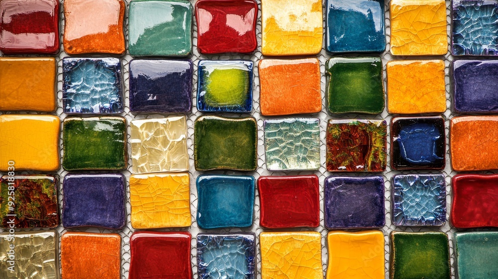 Top view of a mosaic tile pattern with a combination of glass and ceramic pieces in vibrant colors, arranged on a kitchen backsplash Top view of a mosaic tile pattern with a combination of glass and ceramic pieces in vibrant colors, arranged on a kitchen backsplash