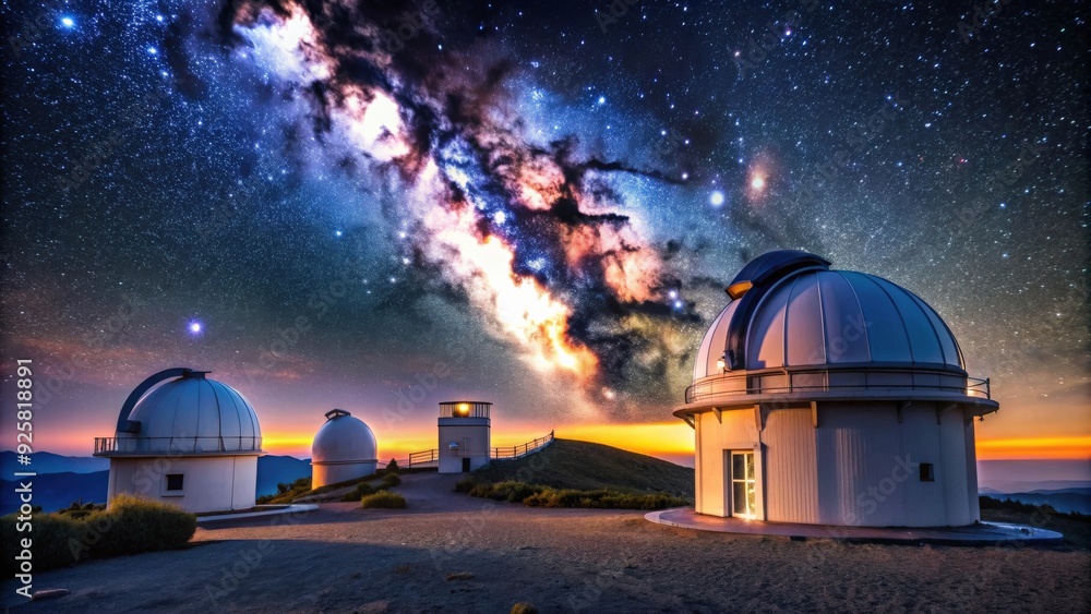 Observatory with telescopes and stargazing equipment under a night sky, observatory, sky watching, stargazing Observatory with telescopes and stargazing equipment under a night sky, observatory, sky watching, stargazing