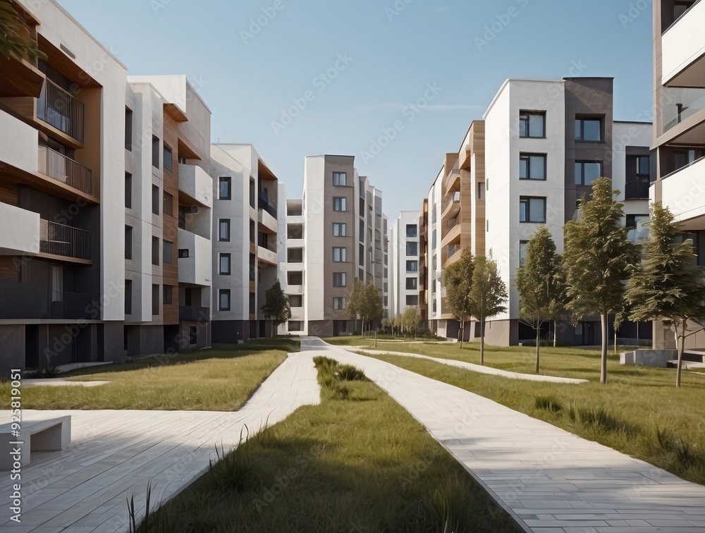 Modern Apartment Building Complex with Lush Green Landscaping and Walkways Modern Apartment Building Complex with Lush Green Landscaping and Walkways