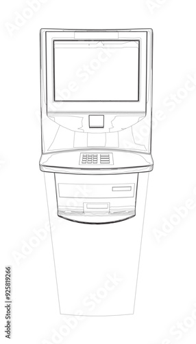 Contour ATM with display. Bank terminal for transaction, withdraw money and deposit to account. Vector illustration of outline cash machine with copy space for your text.