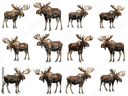 A collection of twelve moose in various poses