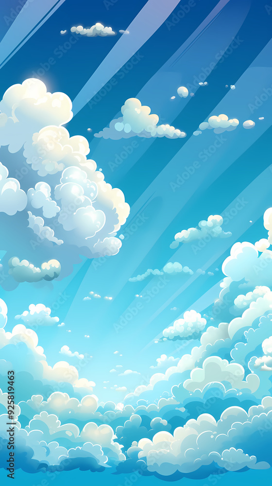 Blue sky with clouds. Anime style background with shining sun and white fluffy clouds. Sunny day sky scene cartoon vector illustration. Blue sky with clouds. Anime style background with shining sun and white fluffy clouds. Sunny day sky scene cartoon vector illustration.