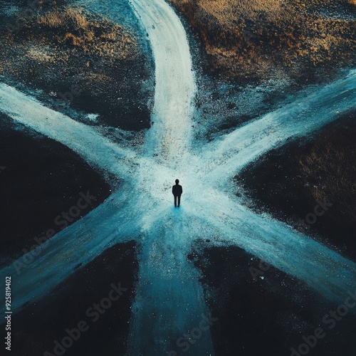 Aerial view of person standing at crossroads in a barren landscape, contemplating different paths and decisions in life. photo