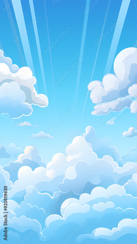 Blue sky with clouds. Anime style background with shining sun and white fluffy clouds. Sunny day sky scene cartoon vector illustration. Blue sky with clouds. Anime style background with shining sun and white fluffy clouds. Sunny day sky scene cartoon vector illustration.
