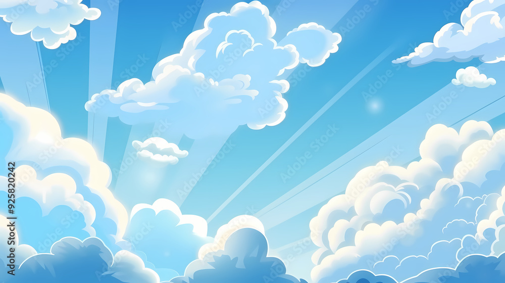 Blue sky with clouds. Anime style background with shining sun and white fluffy clouds. Sunny day sky scene cartoon vector illustration. Blue sky with clouds. Anime style background with shining sun and white fluffy clouds. Sunny day sky scene cartoon vector illustration.