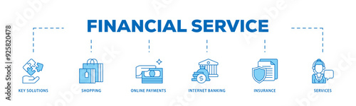 Financial service icon infographic illustration concept with icon of key solutions, shopping, online payments, internet banking, insurance and services icon live stroke and easy to edit 