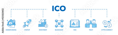 ICO icon infographic illustration concept with icon of crowdfunding, startup, investment, blockchain, risk, trust and cypto currency icon live stroke and easy to edit 