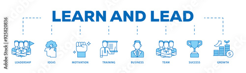 Learn and lead icon infographic illustration concept with icon of leadership, ideas, motivation, training, business, team, success, and growth icon live stroke and easy to edit 