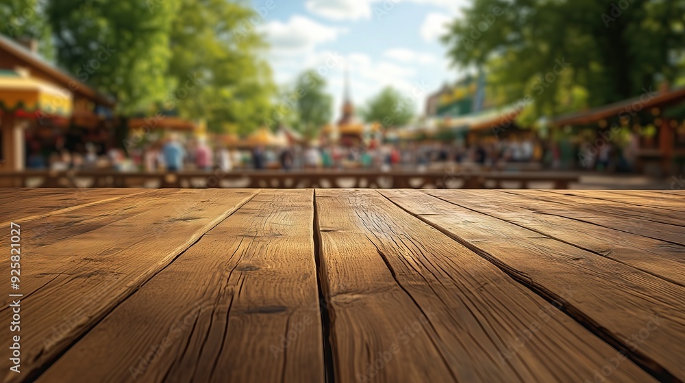 Obraz premium empty wooden table with blurred bavarian oktoberfest on open air background