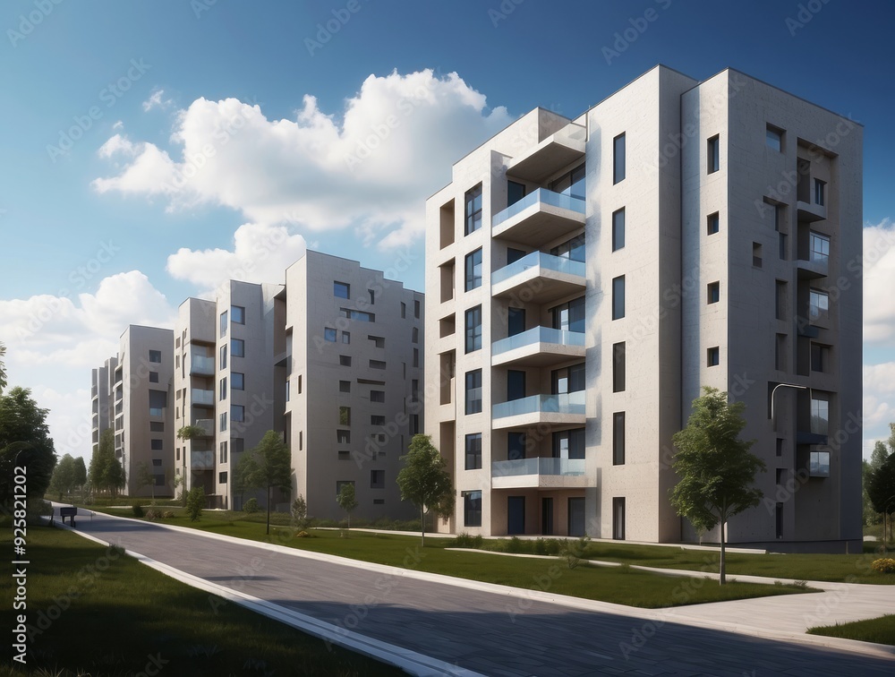 Modern apartment complex with paved road and green lawns Modern apartment complex with paved road and green lawns