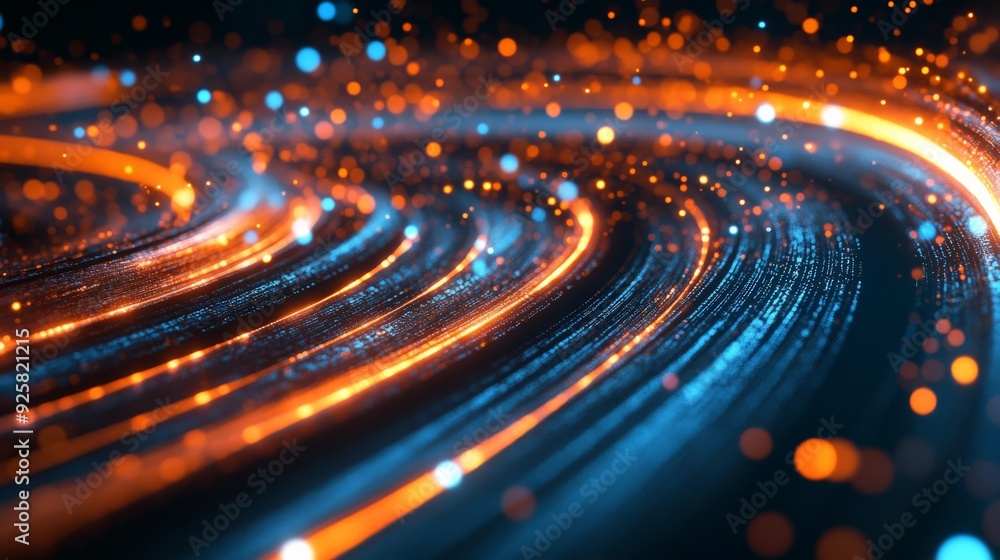 Abstract image depicting orange and blue light trails creating a sense of motion and energy against a dark background. Abstract image depicting orange and blue light trails creating a sense of motion and energy against a dark background.