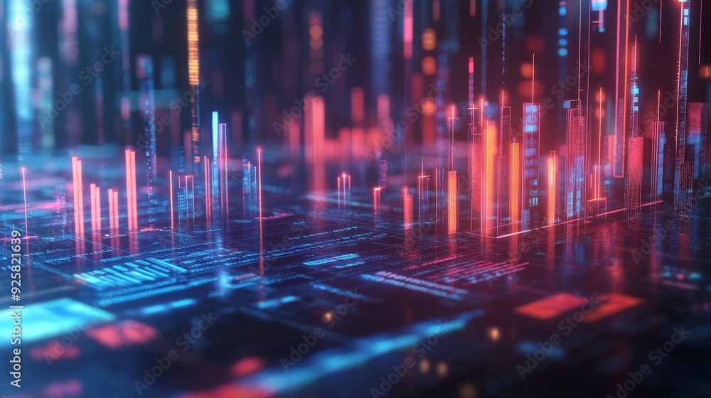Abstract futuristic cityscape with glowing data streams, representing technology, AI, and big data visualization in vibrant colors. Abstract futuristic cityscape with glowing data streams, representing technology, AI, and big data visualization in vibrant colors.
