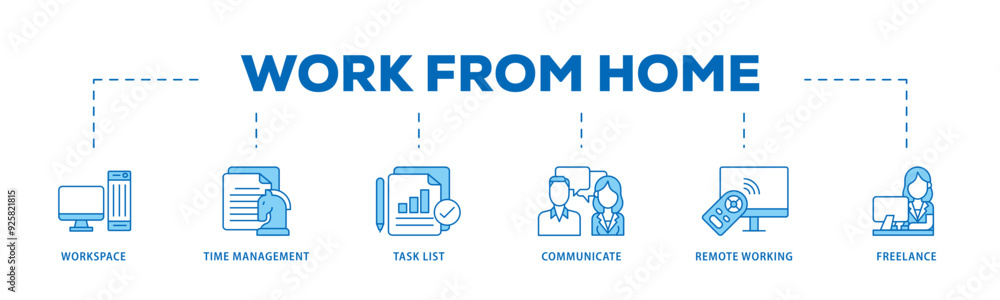 Work from home icon infographic illustration concept with icon of workspace, time management, task list, communicate, remote working and freelance icon live stroke and easy to edit Work from home icon infographic illustration concept with icon of workspace, time management, task list, communicate, remote working and freelance icon live stroke and easy to edit