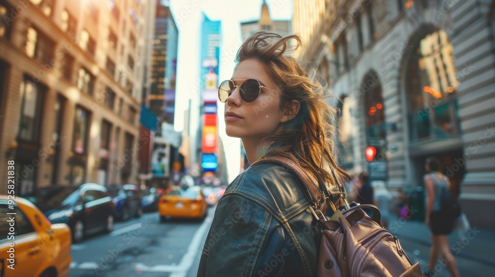 Stylish and adventurous woman navigating city streets, clad in fashionable attire and accessories. Stylish and adventurous woman navigating city streets, clad in fashionable attire and accessories.