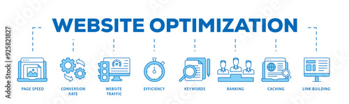 Website optimization icon infographic illustration concept with icon of page speed, conversion rate, website traffic, efficiency, keywords, ranking, caching  icon live stroke and easy to edit 
