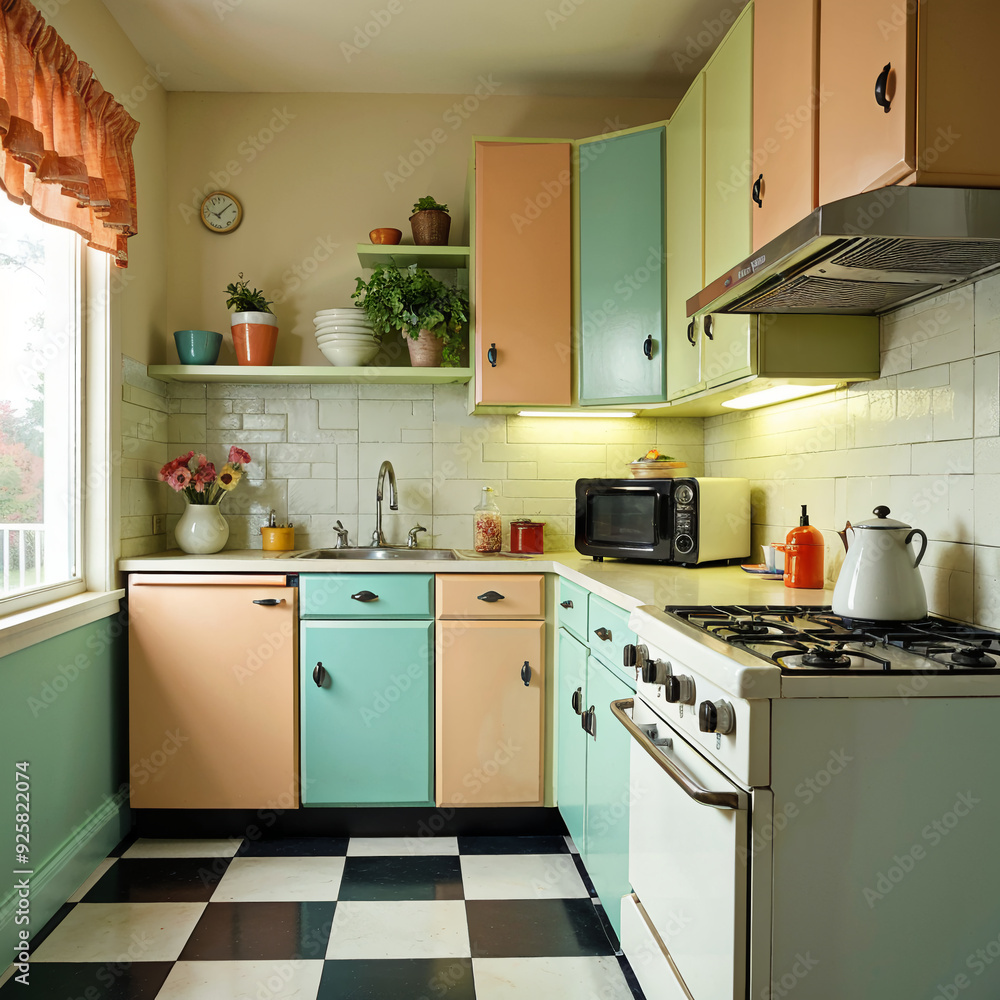 Fototapeta premium Retro style kitchen with colorful cabinets and checkered flooring