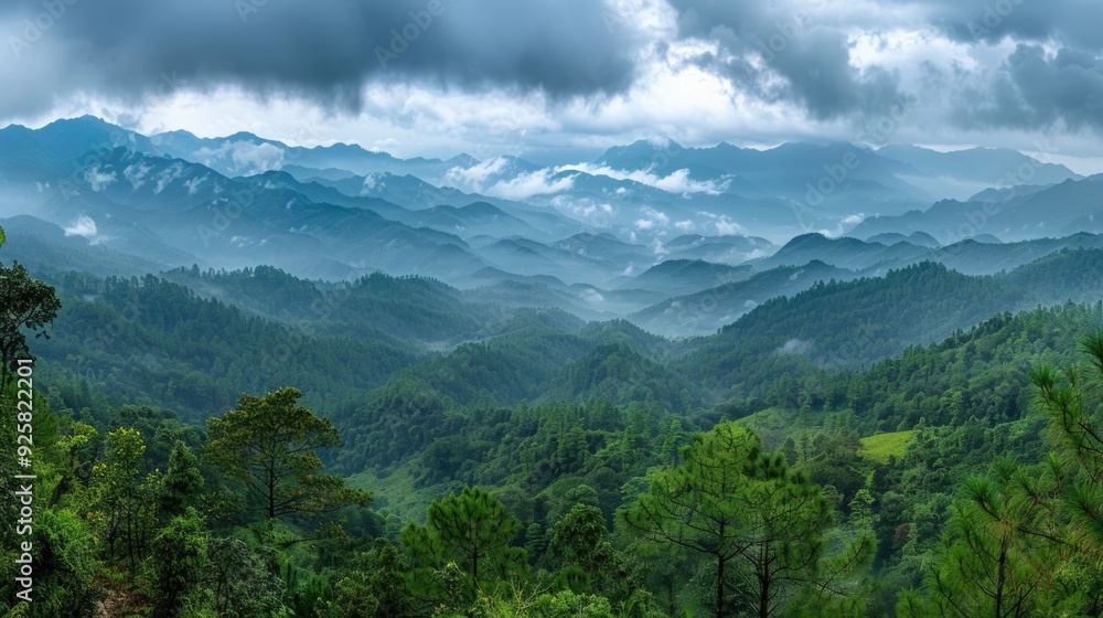 Layered mountain forest landscape with cloudy sky. Layered mountain forest landscape with cloudy sky.