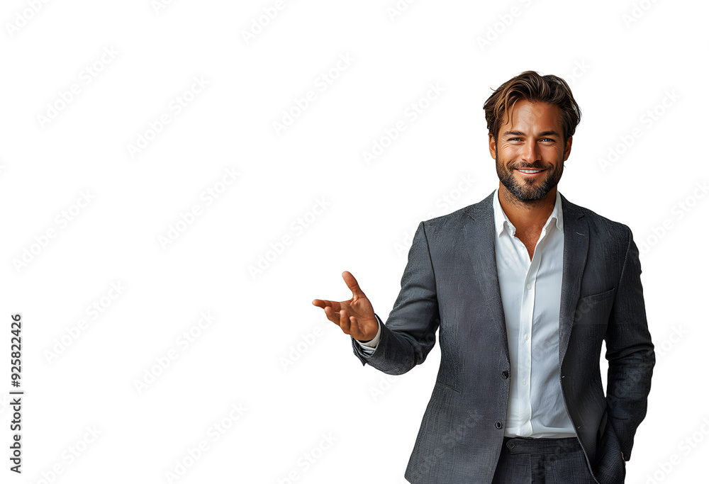 Man in Gray Suit Extending Arm Offering Gesture isolated in transparent background. Man in Gray Suit Extending Arm Offering Gesture isolated in transparent background.