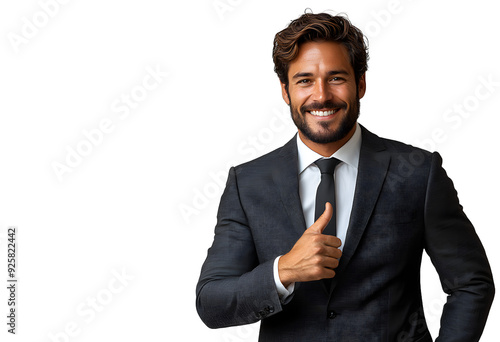 A confident and smiling businessman wearing a dark suit and tie, giving a thumbs-up gesture isolated in transparent background.