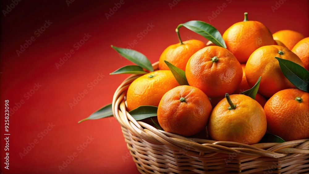 Close-up of tangerine basket on red background, fresh citrus in basket on simple red, tangerine, basket, red background, citrus Close-up of tangerine basket on red background, fresh citrus in basket on simple red, tangerine, basket, red background, citrus