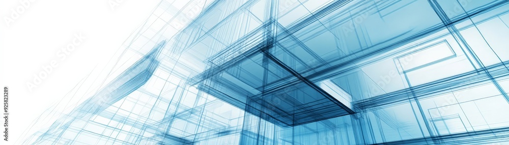 Abstract blue geometric architectural structure with transparent glass effects and perspective lines against a white background. Abstract blue geometric architectural structure with transparent glass effects and perspective lines against a white background.