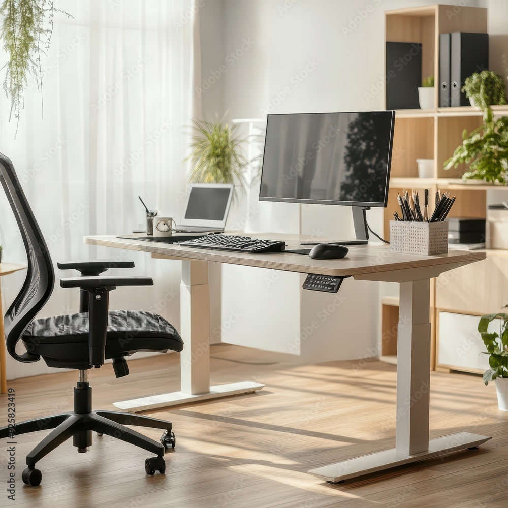Modern office setup with a focus on ergonomics standing desk, adjustable monitor, and supportive chair, all set in a bright, organized space, ergonomic office, healthy workspace Modern office setup with a focus on ergonomics standing desk, adjustable monitor, and supportive chair, all set in a bright, organized space, ergonomic office, healthy workspace