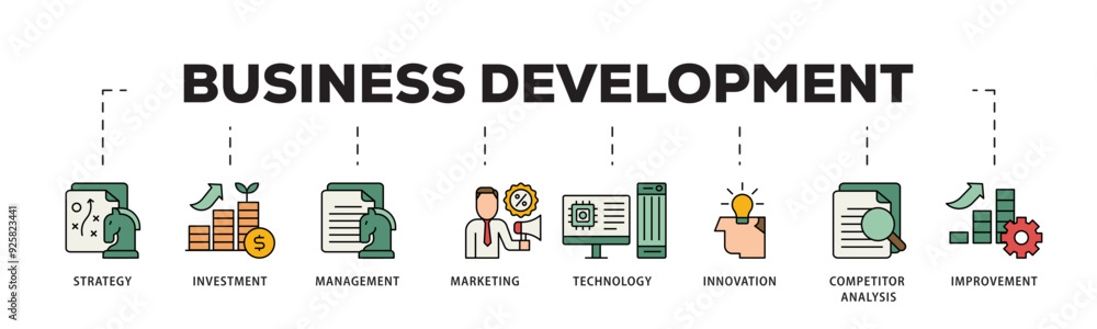 Business development icon infographic illustration concept with icon of strategy, investment, management, marketing, technology, innovation icon live stroke and easy to edit Business development icon infographic illustration concept with icon of strategy, investment, management, marketing, technology, innovation icon live stroke and easy to edit