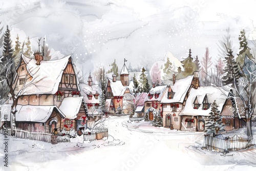 Wallpaper Mural A line and wash illustration of a quaint Christmas village, combining detailed ink outlines with soft watercolor washes Torontodigital.ca