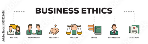 Business ethics icon infographic illustration concept with icon of attitude, relationship, reliability, morality, choice, business law and agreement icon live stroke and easy to edit 