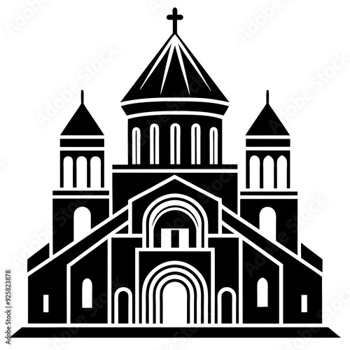 church of the holy cross isolated on white, tsminda sameba vector illustration, christan vector art, bottle silhouette, tsminda sameba vector icon, tsminda sameba line art,eps 