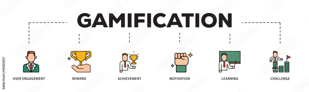 Gamification icon infographic illustration concept with icon of user engagement, reward, achievement, motivation, learning, and challenge icon live stroke and easy to edit Gamification icon infographic illustration concept with icon of user engagement, reward, achievement, motivation, learning, and challenge icon live stroke and easy to edit