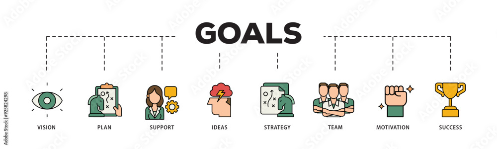 Goals icon infographic illustration concept with icon of vision, plan, support, ideas, strategy, team, motivation, and success icon live stroke and easy to edit Goals icon infographic illustration concept with icon of vision, plan, support, ideas, strategy, team, motivation, and success icon live stroke and easy to edit