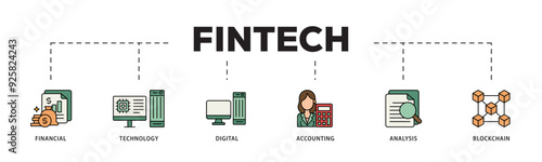 Fintech icon infographic illustration concept with icon of financial, technology, digital, accounting, analysis and blockchain icon live stroke and easy to edit 