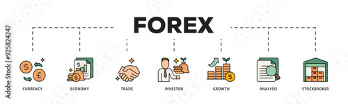 Forex icon infographic illustration concept with icon of currency, economy, trade, investor, growth, analysis and stockbroker icon live stroke and easy to edit 