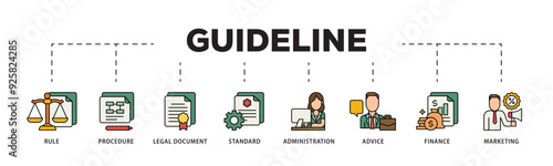 Guideline icon infographic illustration concept with icon of rule, procedure, legal document, standard, administration, advice, finance, marketing icon live stroke and easy to edit 