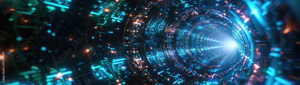 Obraz premium Futuristic tunnel with glowing lights, showcasing a vibrant blend of technology and digital art elements in a mesmerizing pattern.