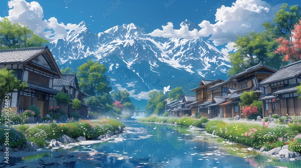 Fototapeta premium Tranquil Traditional Village Nestled in Mountainous Landscape